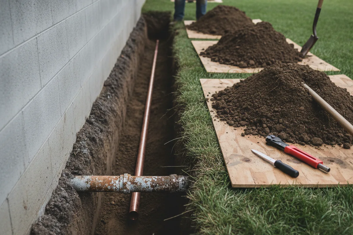 Excavated water line trench during Water Heater Repair in Ridgeville